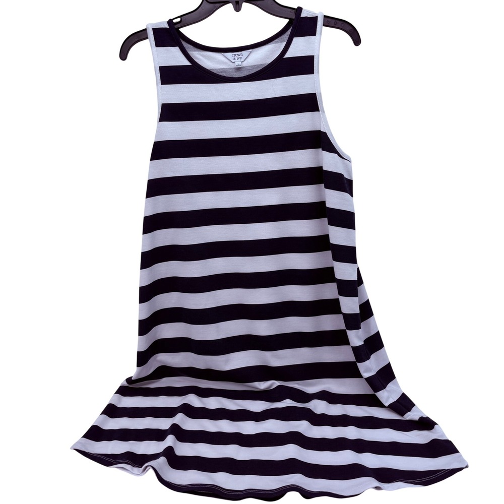 Crown & Ivy Womens Navy Blue White Striped Sleeveless Shift Dress Large L 3502